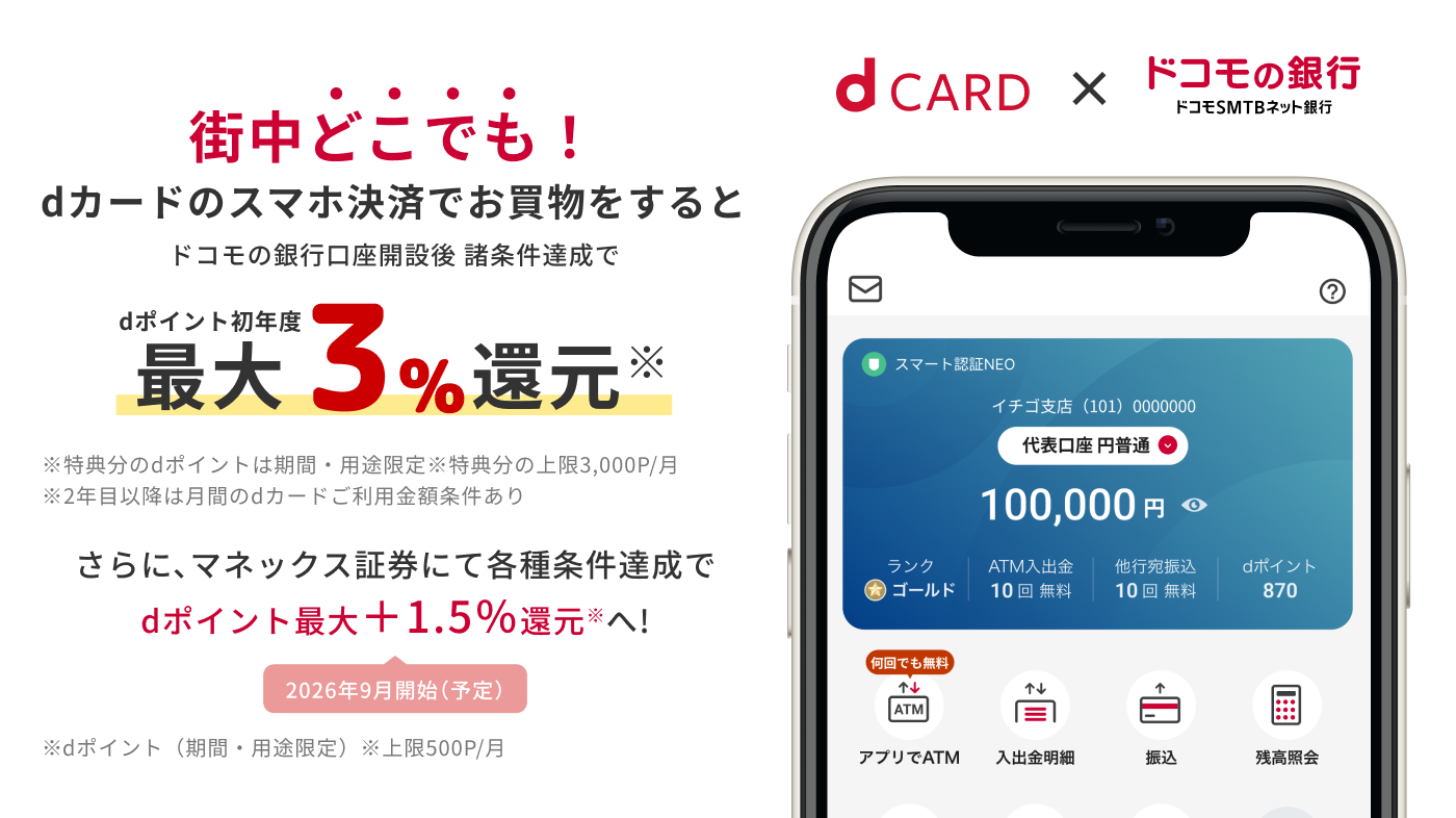 dカード × ドコモの銀行 街中どこでも！dカードのスマホ決済でお買物をするとドコモの銀行口座開設後 諸条件達成でdポイント初年度最大3％還元。さらに、マネックス証券にて各種条件達成でdポイント最大＋1.5％還元へ！2026年9月開始（予定）