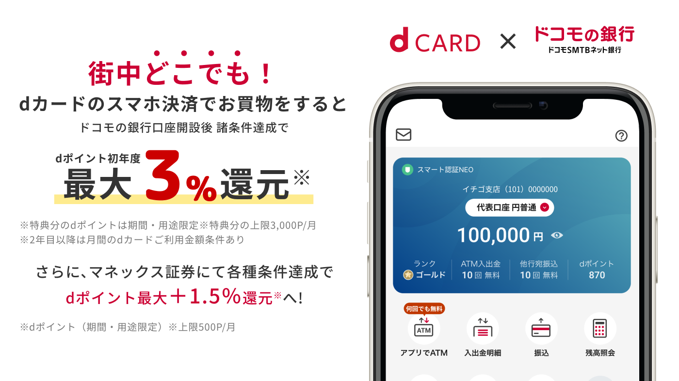 dカード × ドコモの銀行 街中どこでも！dカードのスマホ決済でお買物をするとドコモの銀行口座開設後 諸条件達成でdポイント初年度最大3％還元。さらに、マネックス証券にて各種条件達成でdポイント最大＋1.5％還元へ！